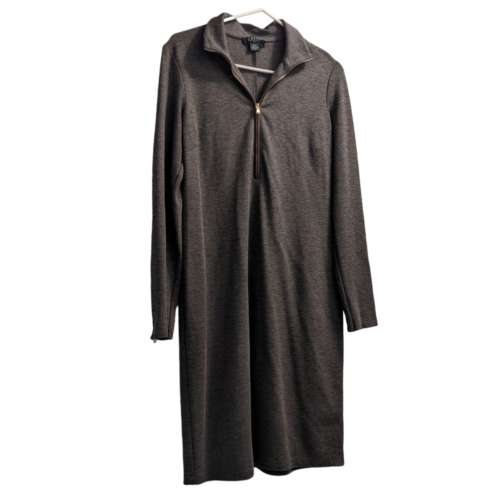 Lauren Ralph Lauren Gray & Brown Leather Long Sleeve Midi Dress 8